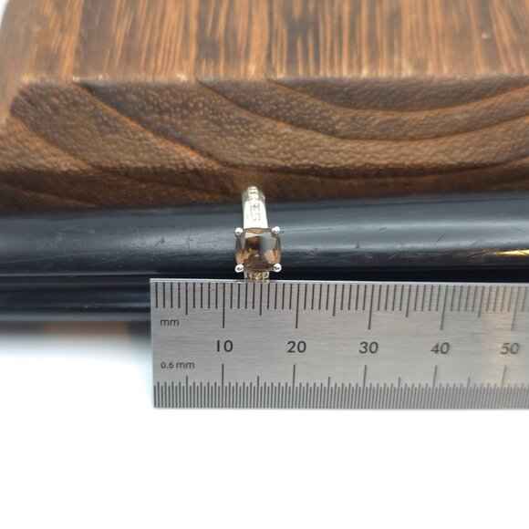 Size 8 925 Sterling Silver Square Smoky Quartz With Diamond Accents Ring - Picture 7 of 8